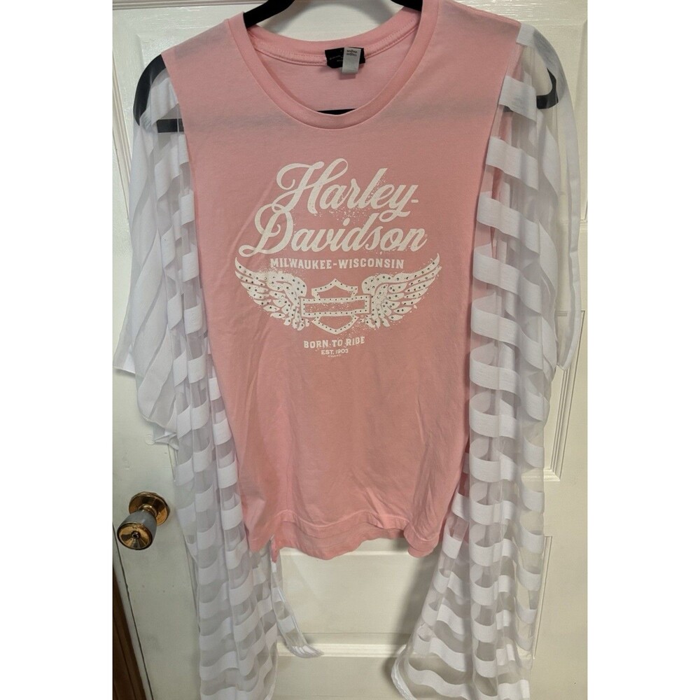 Harley Davidson Upcycled Pink Tee With Sheer Kimono Sleeves Boho Hippie Biker